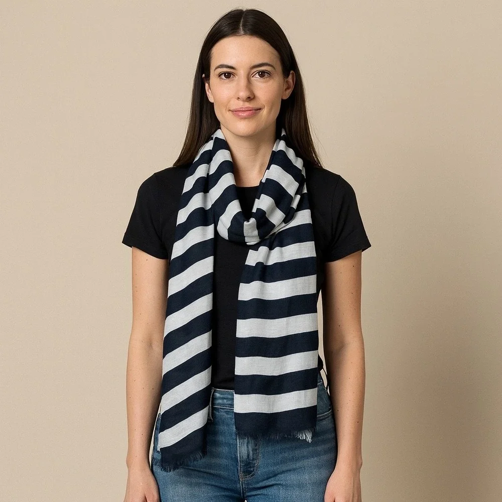 Old Navy Navy Blue White Striped Scarf‎ Soft Lightweight Accessory